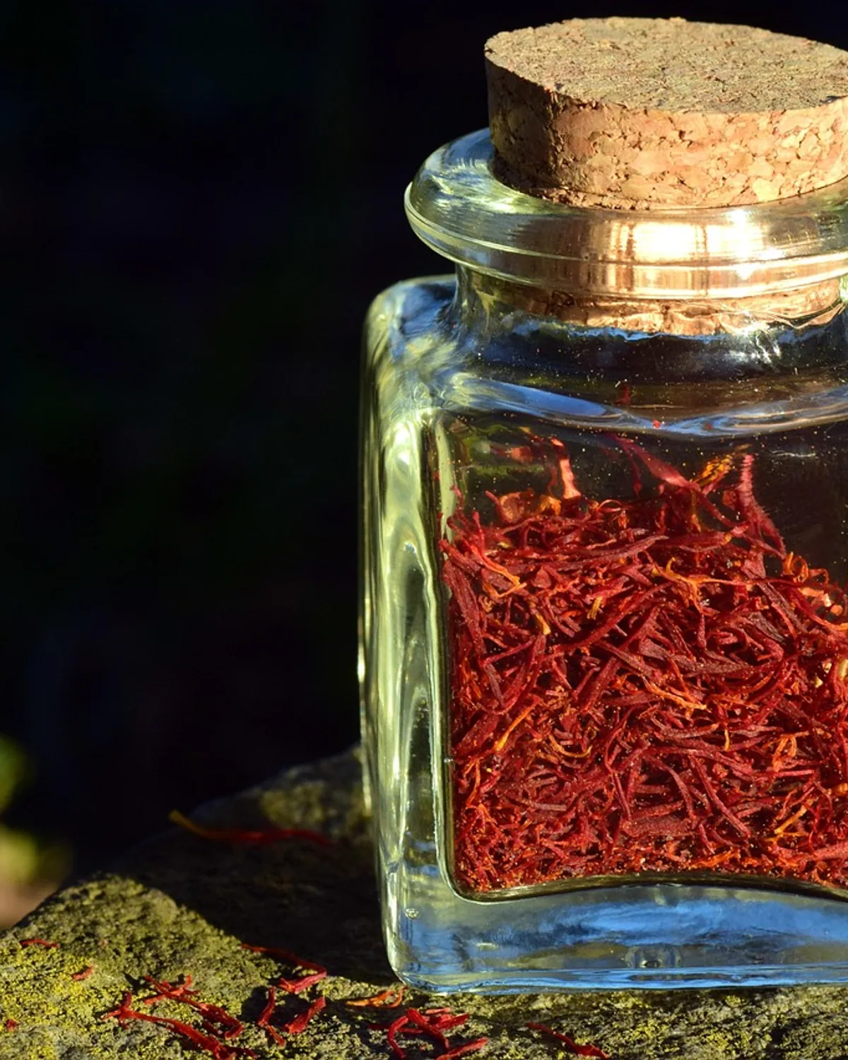 A glass jar filled with saffron threads against a dark background.